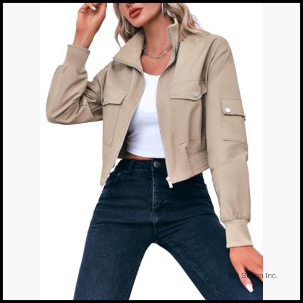 Lightweight Polyester Cropped Bomber Jacket with … - image 3